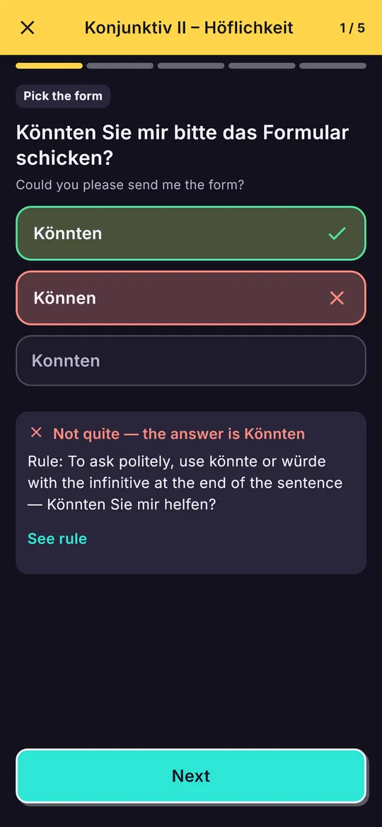 Упражнение по Konjunktiv II: выбрать верную форму в «… Sie mir bitte das Formular schicken?», ответ «Könnten» отмечен как верный, правило объяснено.
