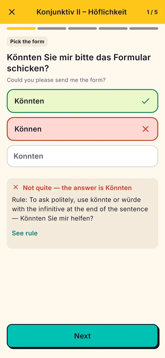 Упражнение по Konjunktiv II: выбрать верную форму в «… Sie mir bitte das Formular schicken?», ответ «Könnten» отмечен как верный, правило объяснено.
